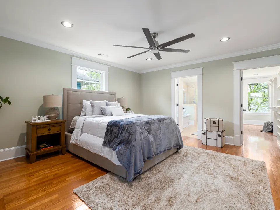Modern bedroom ceiling fan in a residential interior